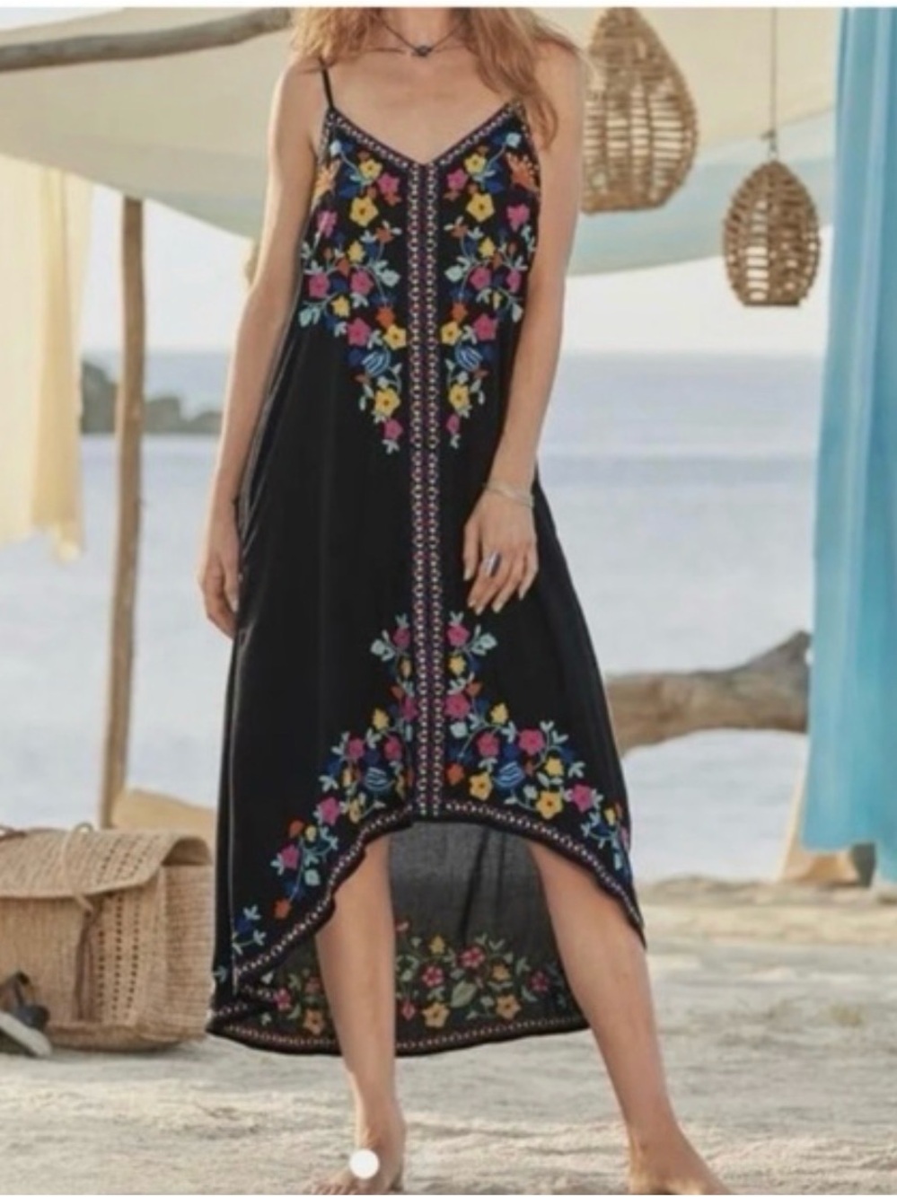 Sundance Black High-Low Spaghetti Strap Dress Multicolor Floral Embroidery XS